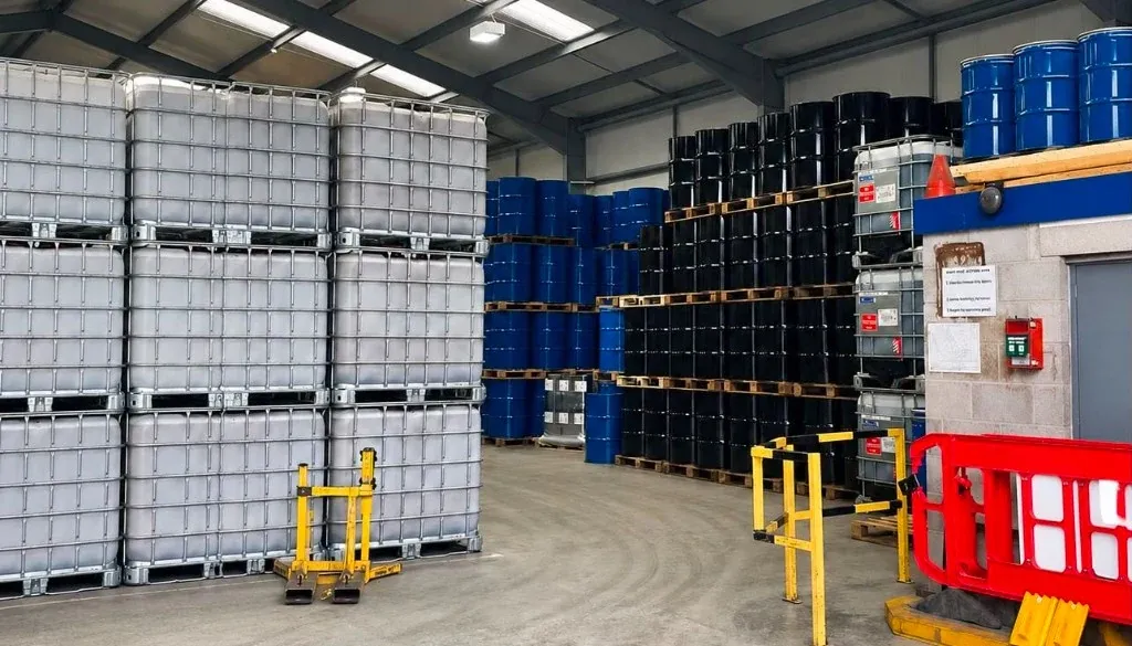 Spray foam supply warehouse with stocked material containers